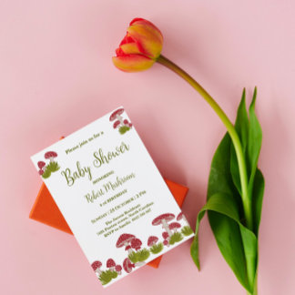Invitation Baby shower vert Goblincore Fly Mushrooms
