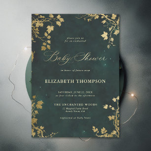 Invitation Baby shower vert minimaliste de forêt enchantée