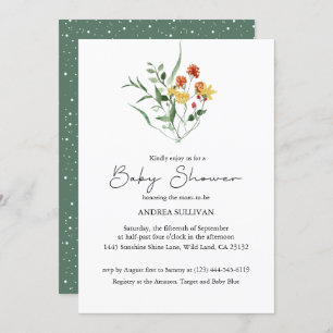 Invitation Baby shower vert minimaliste Fleur sauvage