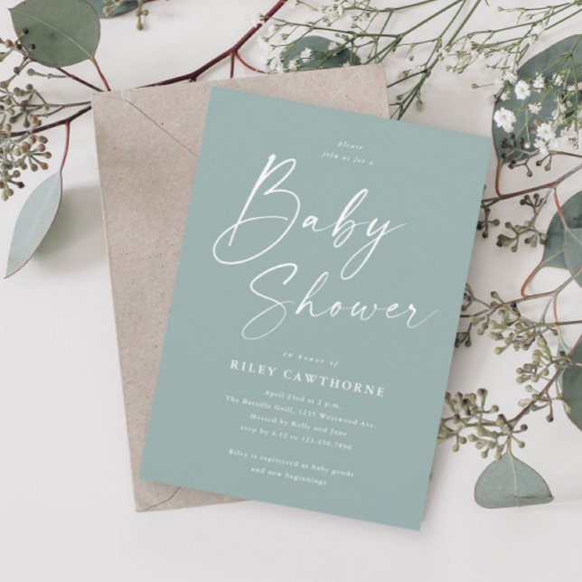 Invitation Baby shower vert moderne Sage Script (Créateur téléchargé)