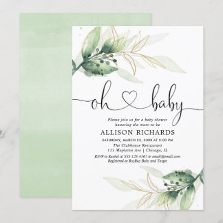 Invitation Baby shower vert or feuille genre neutre