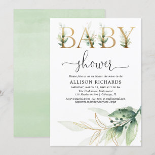 Invitation Baby shower vert or feuille genre neutre