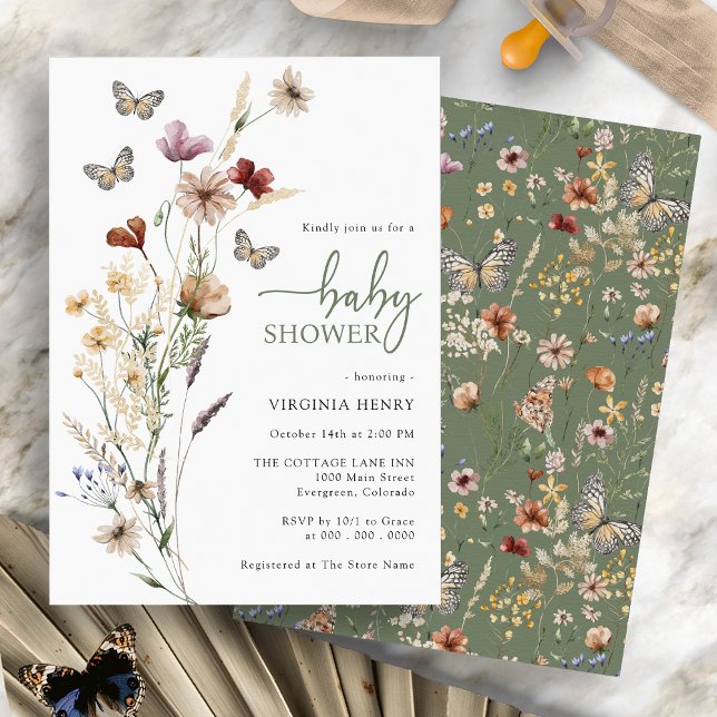 Invitation Baby shower vert Papillon Sage (Boho Wildflowers Butterfly Sage Green Baby Shower Invitation by Painted Paperie)