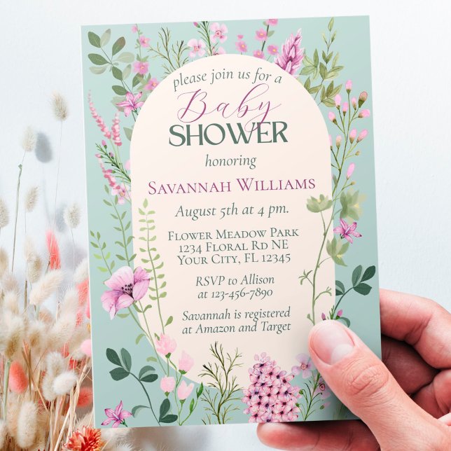 Invitation Baby shower vert pourpre Fleur sauvage d'aquarelle (Créateur téléchargé)