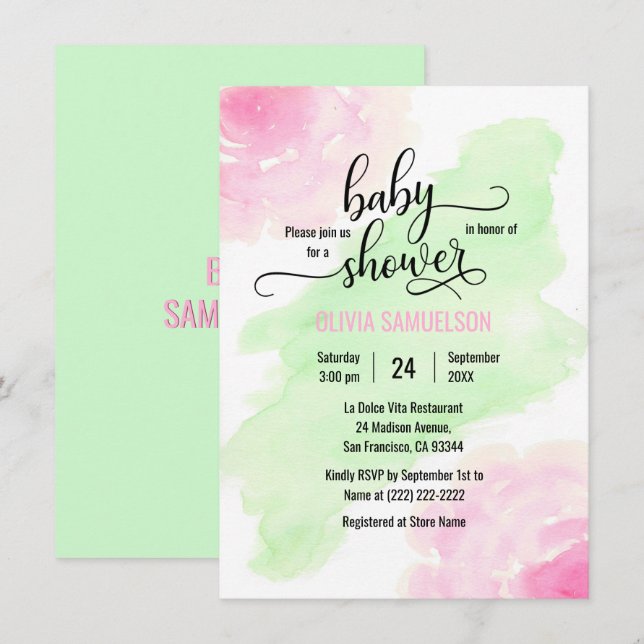 Invitation Baby shower vert Rose d'aquarelle rose et menthe (Devant / Derrière)