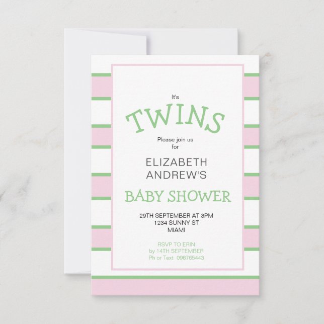Invitation Baby shower vert rose rayé Twins (Devant)