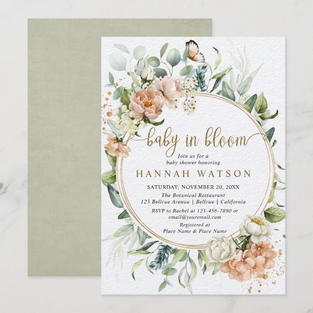 Invitation Baby shower vert rose rose botanique (Devant / Derrière)