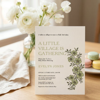 Invitation baby shower vert sauge, baby shower petit village