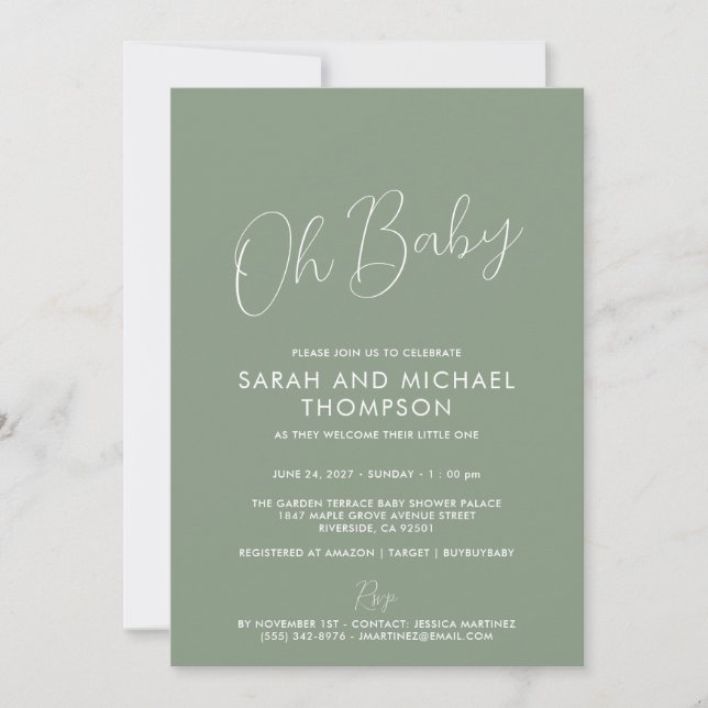 Invitation Baby Shower Vert Sauge Moderne Élégant Script (Devant)