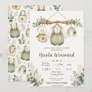 Invitation Baby-Shower Vert Sauge sur Corde à Linge