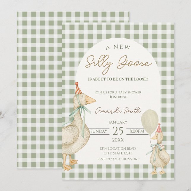 Invitation Baby shower vert Silly Goose (Devant / Derrière)