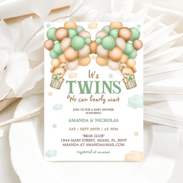 Invitation Baby shower vert Twins Teddy Bear (Créateur téléchargé)