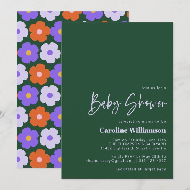 Invitation Baby shower vert violet à fleurs rétro gras (Devant / Derrière)