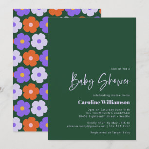 Invitation Baby shower vert violet à fleurs rétro gras