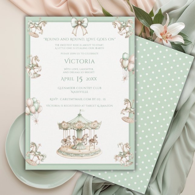 Invitation Baby shower vert Whimsical Carousel Sage (Créateur téléchargé)