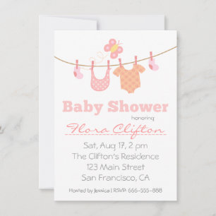 Invitation Baby shower - Vêtements de bébé sur une corde à li