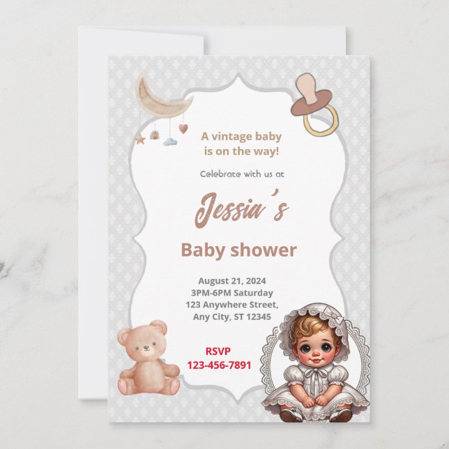 Invitation Baby shower vintage (Devant)