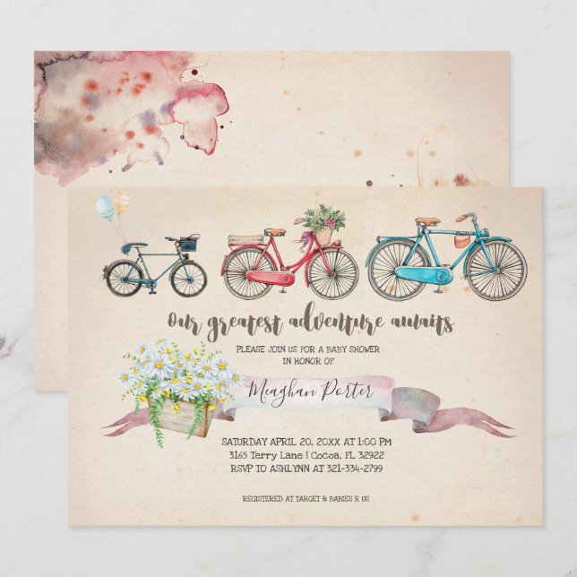 Invitation Baby shower vintage à vélo (Devant / Derrière)