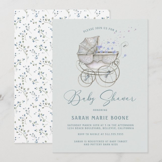 Invitation Baby shower vintage bébé transport garçon (Devant / Derrière)