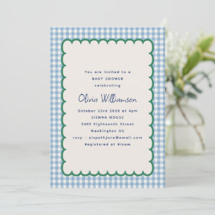 Invitation Baby Shower Vintage Bleu à Carreaux Verts en Coqui