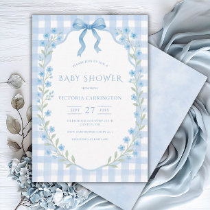 Invitation Baby shower Vintage bleu En vichy floral