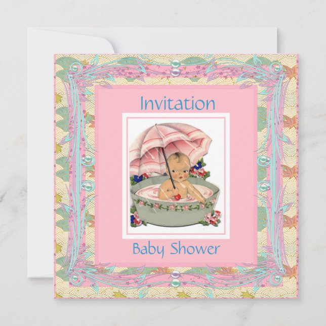 Invitation Baby shower vintage bleu rose (Devant)