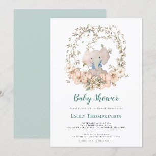 Invitation Baby shower vintage Cute Elephant Foliage Garçon