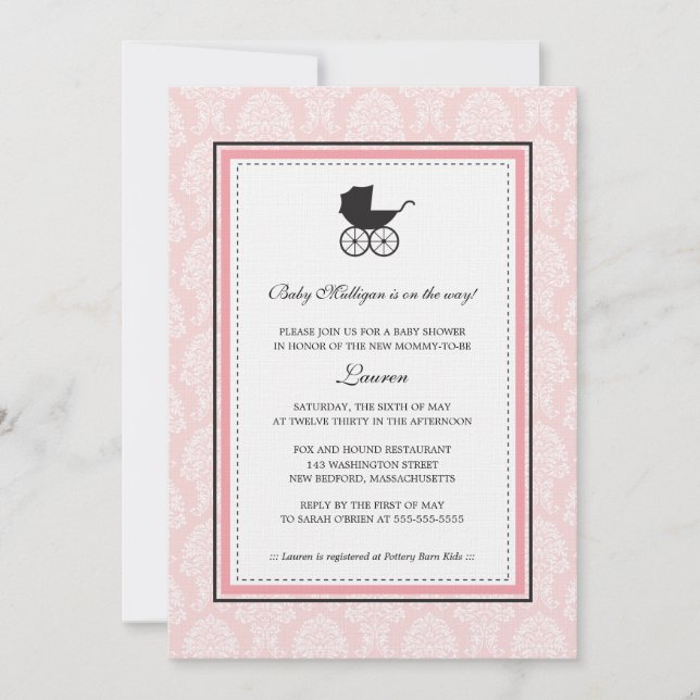 Invitation Baby shower vintage Damask Baby Carriage (Devant)