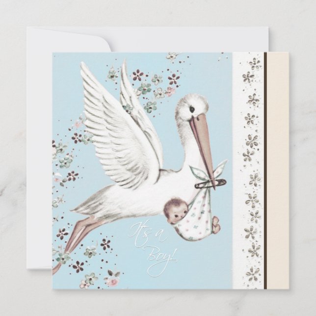 Invitation Baby shower vintage de cigogne bleue (Devant)