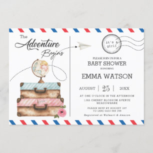 Invitation Baby shower vintage de valise fille Aventure Posta