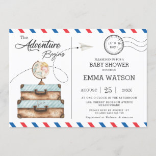 Invitation Baby shower vintage de valise garçon Nouvelle aven