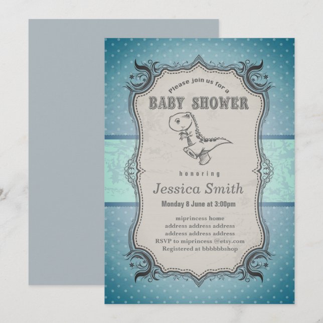 Invitation BABY SHOWER vintage - dinosaure (Devant / Derrière)