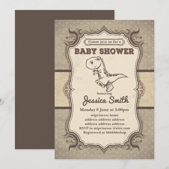 Invitation BABY SHOWER vintage - dinosaure (Devant / Derrière)