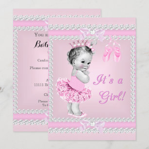 Invitation Baby Shower Vintage Fille Jolie Rose Ballerine