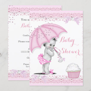 Invitation Baby shower vintage Fille Parapluie Rose Cupcake