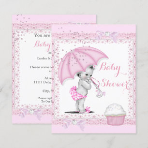 Invitation Baby shower vintage Fille Parapluie Rose Cupcake