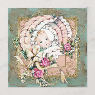 Invitation Baby Shower Vintage Fille Rose Turquoise et Or