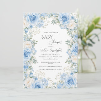 Invitation Baby Shower Vintage Floral Bleu Élégant