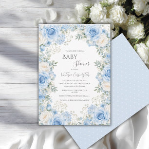 Invitation Baby Shower Vintage Floral Bleu Élégant