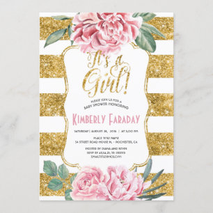 Invitation Baby shower Vintage Floral Gold Stripes
