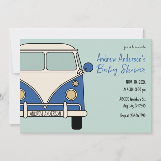 Invitation Baby shower vintage fourgonnette bleue (Devant)