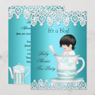 Invitation Baby shower vintage garçon sarcelle bébé tasse à t