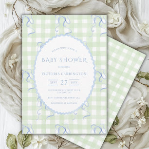 Invitation Baby shower Vintage Green En vichy Blue Bows