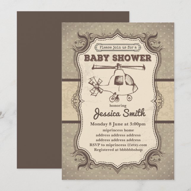 Invitation BABY SHOWER vintage - Hélicoptères (Devant / Derrière)