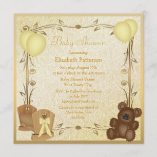 Invitation Baby shower Vintage jaune et or Lit et Teddy