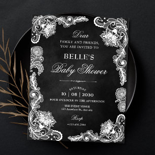 Invitation Baby shower vintage noir et blanc en dentelle