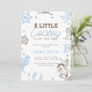 Invitation Baby Shower Vintage Petit Cowboy Bleu En Route
