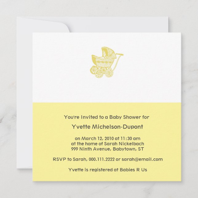 Invitation Baby shower Vintage Pram Jaune (Devant)