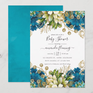 Invitation Baby-Shower Vintage Turquoise et Or Shabby