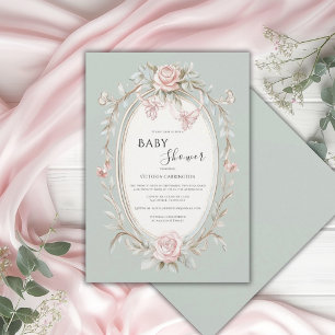 Invitation Baby Shower Vintage Vert Sauge Floral Rose